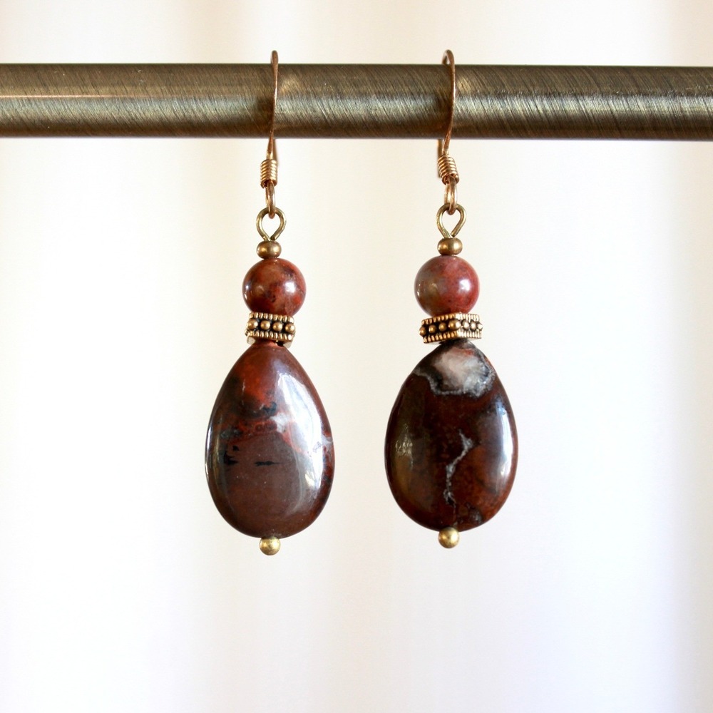 Jasper Stone Teardrop Dangle Earrings Red Brown Boho‎ Brass Tone Hook G6